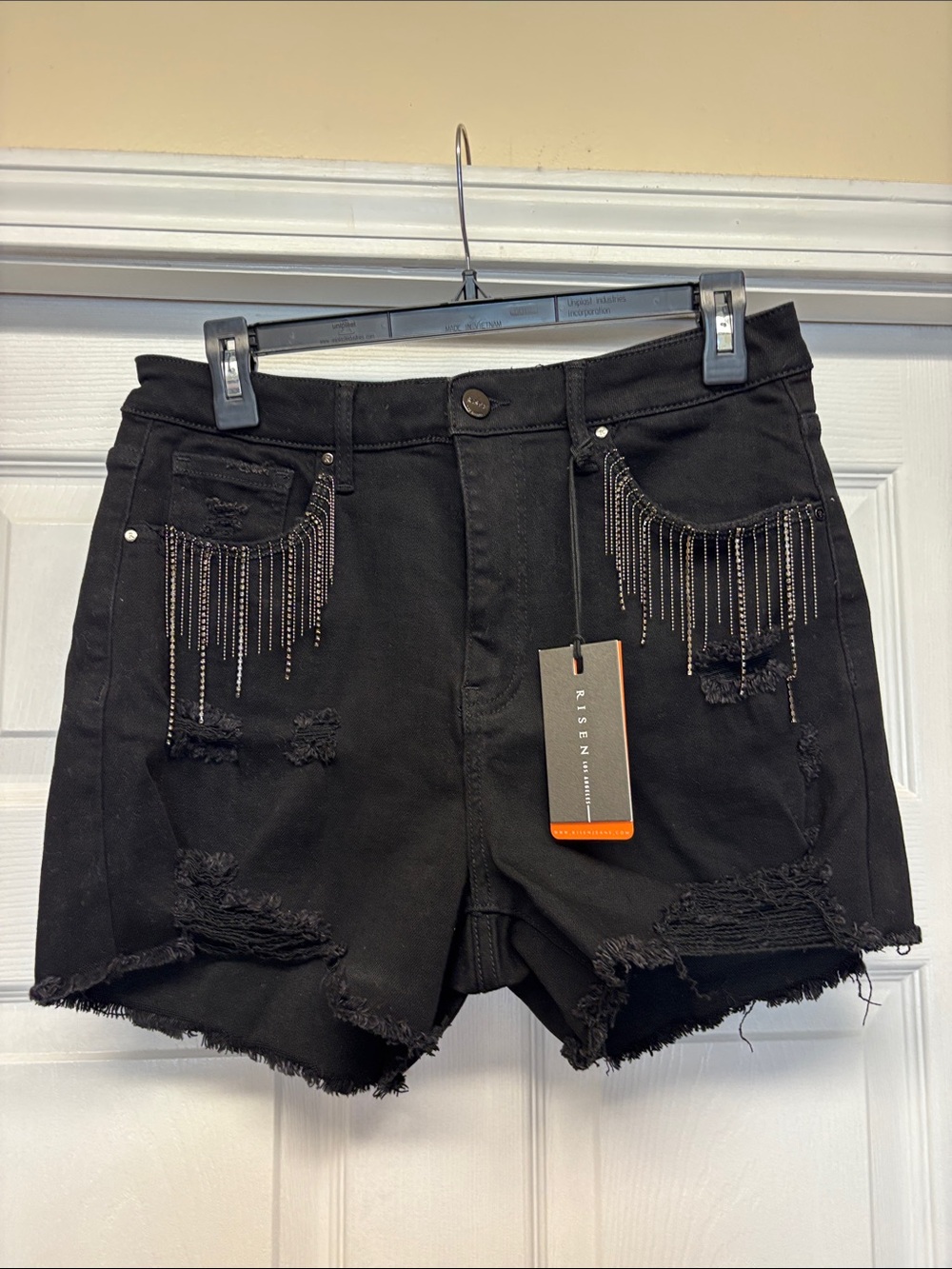 Risen High Rise Rhinestone Shorts Black Distressed Denim large New